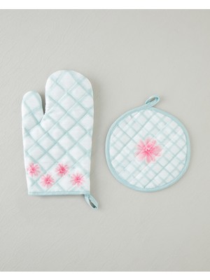 English Home Bright Floral 2'li Fırın Eldiveni ve Tutacak Seti Pembe - Yeşil