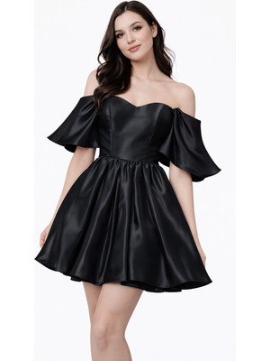 Omuz Dekolteli Saten Mini Abiye Elbise Volan Kollu