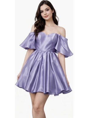 Omuz Dekolteli Saten Mini Abiye Elbise Volan Kollu