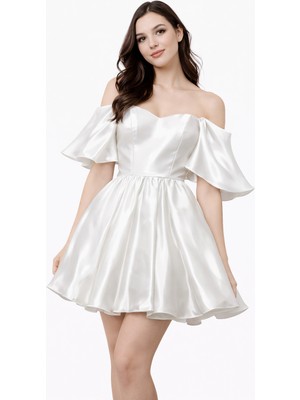 Omuz Dekolteli Saten Mini Abiye Elbise Volan Kollu