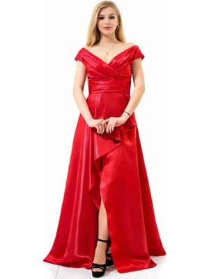 Madonna Yaka Saten Uzun Abiye Elbise – Yırtmaçlı Drapeli Şık Gece Elbisesi