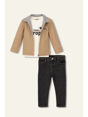 Mininio Erkek Çocuk Fermuarlı Yağmurluk Detaylı Üçlü Takım - Bej