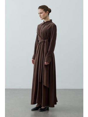 Fahhar Kruvaze Bağlamalı Elbise Kahverengi
