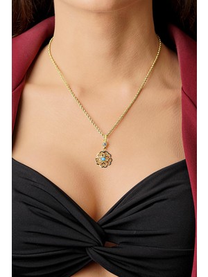 Fiyonk Kuyumculuk 14 Ayar Altın Firuze Taşlı Gül Motifli Telkari Kolye - Anne Kolyesi