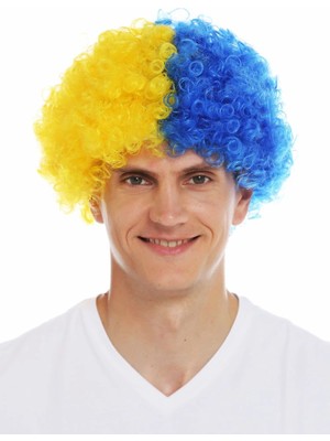 Sarı Lacivert Kıvırcık Afro Bonus Taraftar Peruğu