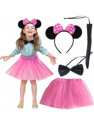 Minnie Kostüm Seti (Pembe Tütü Etek + Pembe Taç + Papyon + Kuyruk)