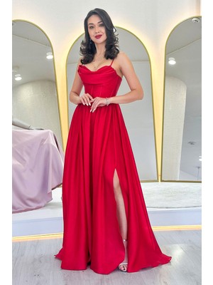 Zks Grup Tekstil-Kadın Sırt Dekolteli Korse Detay Yırtmaçlı Abiye Elbise Lacivert, Kırmızı, Bebe Mavi