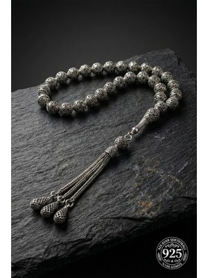Roza Silver 925 Ayar Küre Kesim 3 Kamçılı Püskül Bilek Boy Lale Işlemeli Otantik Gümüş Tesbih