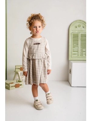 Mininio Kız Çocuk Fırfırlı Dokuma Elbise ve Bluz Takım - Bej