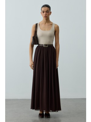 Fahhar Büzgülü Dökümlü Maxi Etek Kahverengi