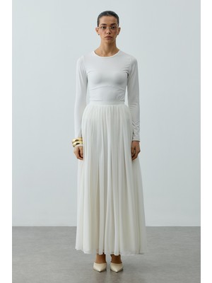 Fahhar Büzgülü Dökümlü Maxi Etek Ekru