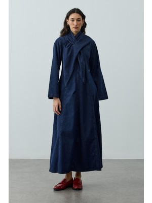 Fahhar Fular Detaylı Denim Elbise Lacivert