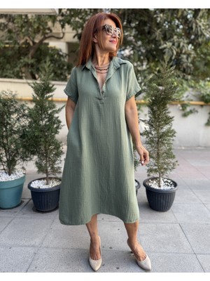 V Yaka Müslin Elbise Haki