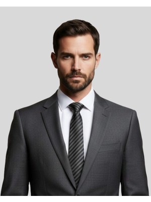 1001 Kravat Siyah Gri Çizgili Ince Kravat - 7 cm genişliğinde