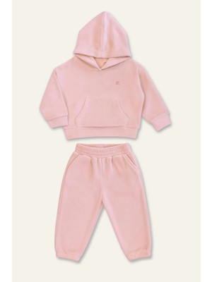Mininio Unisex Çocuk Kapşonlu Kanguru Cepli Polar İkili Takım - Pembe