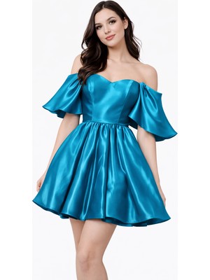 Omuz Dekolteli Saten Mini Abiye Elbise Volan Kollu