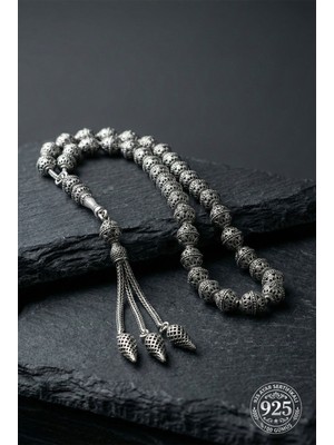 Roza Silver 925 Ayar Oval Kesim 3 Kamçılı Havuç Püskül Orta Boy Lale Işlemeli Otantik Gümüş Tesbih