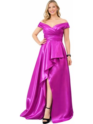 Madonna Yaka Saten Uzun Abiye Elbise – Yırtmaçlı Drapeli Şık Gece Elbisesi