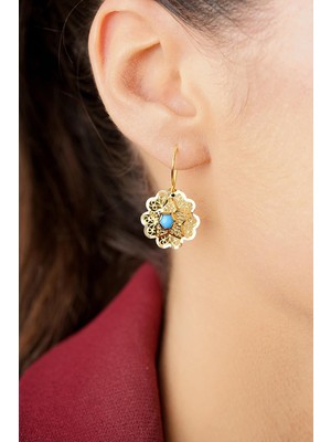 Fiyonk Kuyumculuk 14 Ayar Altın Firuze Taşlı Gül Motifli Telkari Küpe - Anne Küpesi