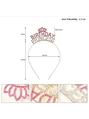 Kristal Taşlı Birthday Princess Yazılı Parti Tacı Pembe Renk