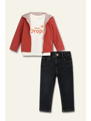 Mininio Erkek Çocuk Fermuarlı Yağmurluk Detaylı Üçlü Takım - Kiremit
