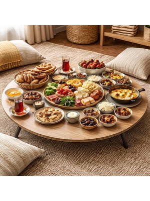 Mavi Trend 90 cm Çap - Ahşap Kaplama Katlanabilir Yer Sofrası - Oyun Masası - 21 cm Yükseklik