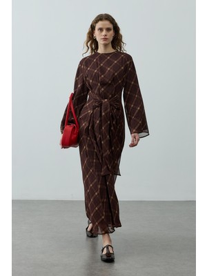 Fahhar Ekose Bağlamalı Elbise Bordo