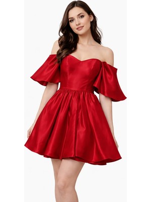 Omuz Dekolteli Saten Mini Abiye Elbise Volan Kollu