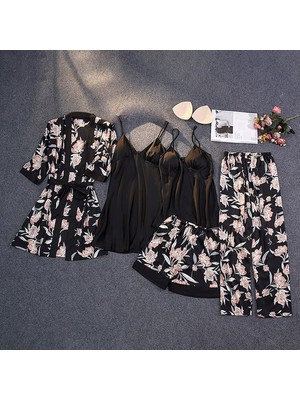 Ece's Design 5 Parça Lüks Saten Pijama Gecelik Takımı Çiçek Desenli Sabahlık Robe Kadın Iç Giyim Seti W2013