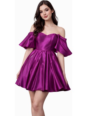 Omuz Dekolteli Saten Mini Abiye Elbise Volan Kollu