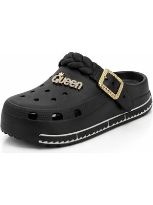 Letao Siyah Taşlı Platform Kadın Terlik - Örgü Kordonlu Şık Sabo Havuz Deniz