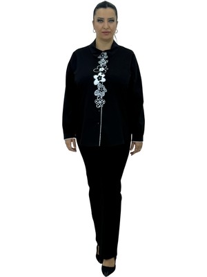 Aysel Büyük Beden Pamuklu Çiçek Aksesuarlı Kadın Gömlek