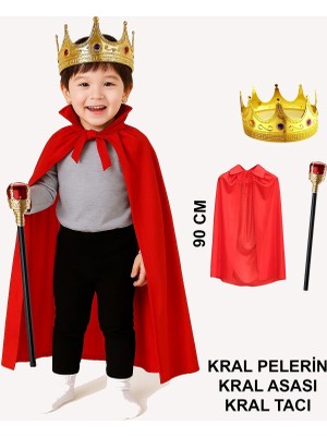 Çocuk Kral Kostüm Seti – Kırmızı Pelerin, Taç ve Asa (90 Cm)