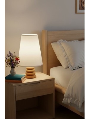 Mars Concept Doğal Ahşap Abajur, Krem Kumaş Başlıklı Modern Komodin & Yatak Odası & Salon Dekoratif Gece Lambası