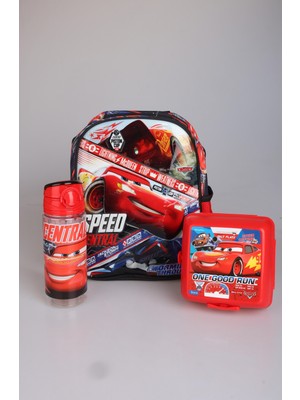 Dekomus Ile Lisanslı Cars Küçük Boy 32 cm Tek Bölmeli Anaokulu ÇANTASI,500 ml Trıtan Matara ve 2 Katlı Beslenme Kabı Seti