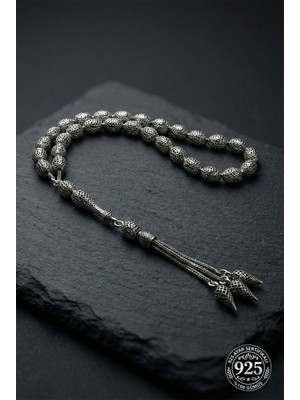Roza Silver 925 Ayar Oval Kesim 3 Kamçılı Püskül Orta Boy Petek Işlemeli Otantik Gümüş Tesbih