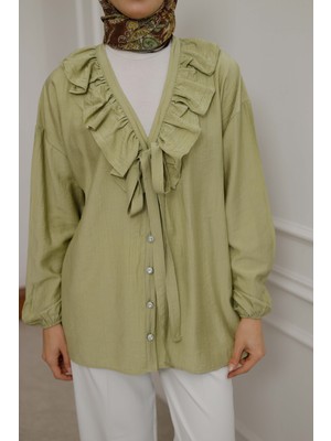 Moonsc Kadın V Yaka Önü Fırfır Detaylı Tesettür Gömlek