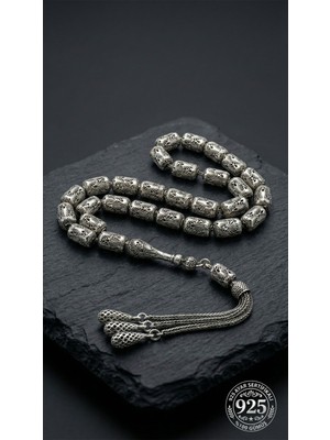Roza Silver 925 Ayar Kapsül Kesim 3 Kamçılı Püskül Orta Boy Osmanlı Işlemeli Otantik Gümüş Tesbih