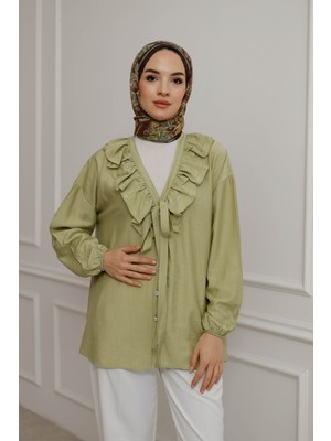 Moonsc Kadın V Yaka Önü Fırfır Detaylı Tesettür Gömlek