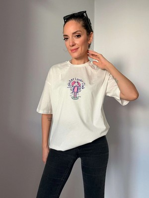 Ekru Lobster Lover Club Baskılı Tişört