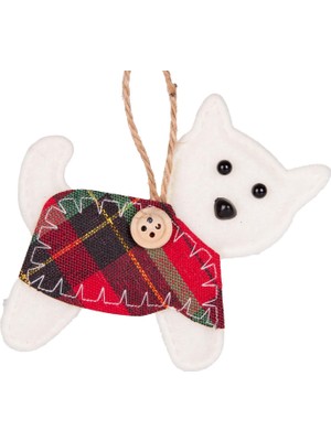Renklimestore Yılbaşı Ağaç Süsü Köpek Ekose Elbiseli Kedi Beyaz 10 Cm.
