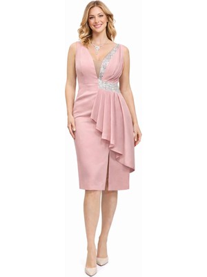 Kadın Siyah V Yaka Payet Detaylı Yırtmaçlı Abiye Elbise