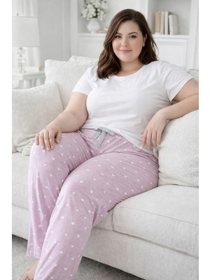 Remsa Büyük Beden Kadın Kalp Desen Viskon Kumaş Penye Battal Tek Pijama Alt 02 Gül Kurusu