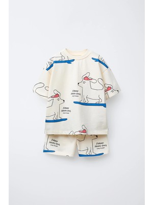 Magu Erkek Çocuk Pamuklu Ekru Sörf Köpek Desenli T-Shirt ve Şort Eşofman Takım - Oversize Rahat Kalıp