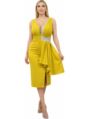 Kadın Siyah V Yaka Payet Detaylı Yırtmaçlı Abiye Elbise