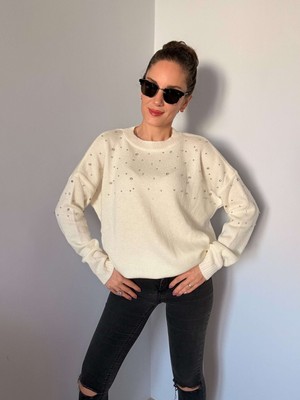 Ekru Bisiklet Yaka Taş Detaylı Kazak