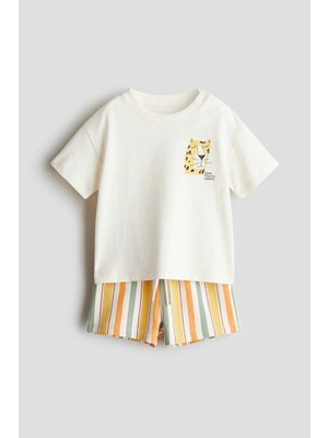 Magu Erkek Çocuk Pamuklu Ekru Leopar Armalı T-Shirt ve Çizgili Şort Eşofman Takım - Yazlık Rahat Kombin