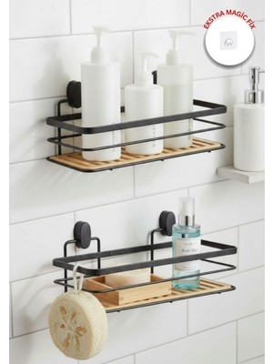 Okyanus Home Eko Magic Yapıştır&vidala Due  2 Adet  Tek Katlı Dikdörtgen Lamalı Maxi Şampuanlık  13 x 30 cm / Siyah