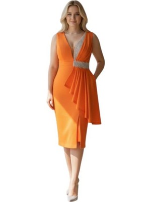 Kadın Siyah V Yaka Payet Detaylı Yırtmaçlı Abiye Elbise