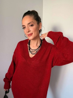 Kırmızı V Yaka Kazak